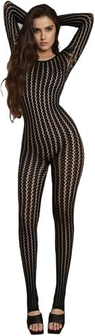 Ypser Long Sleeve See Through Lace One Piece Jumpsuit Mesh Rave Vertical Jumpsuit Outfit in Saudi Arabia