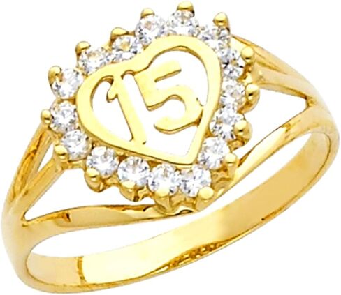 14K Yellow Gold Cubic Zirconia ‘15’ Fifteen Heart Ring - Choice of Size in Kuwait