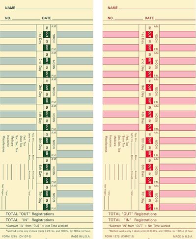 1275 بطاقة زمنية، مصنوعة في الولايات المتحدة الأمريكية، عدد 500، أسبوعيًا، على الوجهين، 3 1/2 × 9، مخزون بطاقات مانيلا، طباعة باللونين الأخضر والأحمر in Kuwait