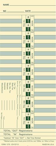 1275 بطاقة زمنية، مصنوعة في الولايات المتحدة الأمريكية، عدد 500، أسبوعيًا، على الوجهين، 3 1/2 × 9، مخزون بطاقات مانيلا، طباعة باللونين الأخضر والأحمر in Kuwait