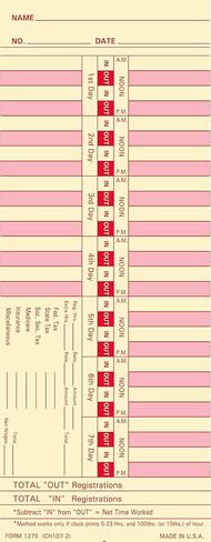 1275 بطاقة زمنية، مصنوعة في الولايات المتحدة الأمريكية، عدد 500، أسبوعيًا، على الوجهين، 3 1/2 × 9، مخزون بطاقات مانيلا، طباعة باللونين الأخضر والأحمر in Kuwait