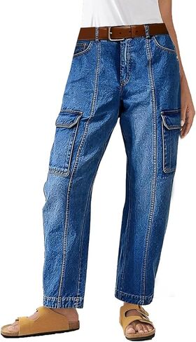 Flamingals Straight Leg Jeans for Women Mid Rise Barrel Cropped Casual Wash Seam Front Flap Pocket Denim Jeans Without Belt in Saudi Arabia