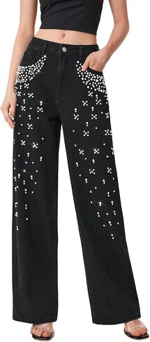 جينز FUNSEED للنساء متوسط ​​الخصر مستقيم وواسع الساق مرصع باللؤلؤ جينز لامع كاجوال فضفاض مناسب للعمل in Kuwait