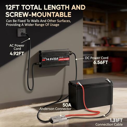 12V 20A Lithium Battery Charger 14.6V LiFePO4 Battery Charger with Anderson Connector for Deep Cycle Rechargeable Batteries of RV, Boat, Off-Grid Solar Systems in Kuwait