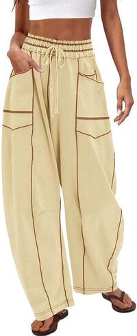 سروال رياضي نسائي برميلي عالي الخصر وفضفاض وواسع الساق مع رباط وجيوب in Kuwait