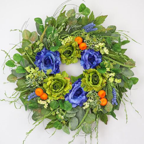 24 Inch Spring Summer Wreath for Front Door - Artificial Blue & Green Rose Wreath with Orange Berries & Eucalyptus, Rustic Farmhouse Indoor Outdoor Seasonal Wreath for Year Round Home Decor in Saudi Arabia