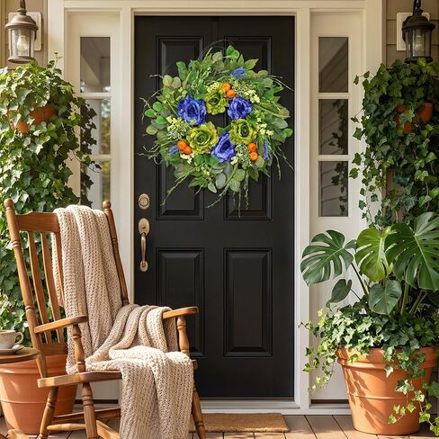 24 Inch Spring Summer Wreath for Front Door - Artificial Blue & Green Rose Wreath with Orange Berries & Eucalyptus, Rustic Farmhouse Indoor Outdoor Seasonal Wreath for Year Round Home Decor in Saudi Arabia
