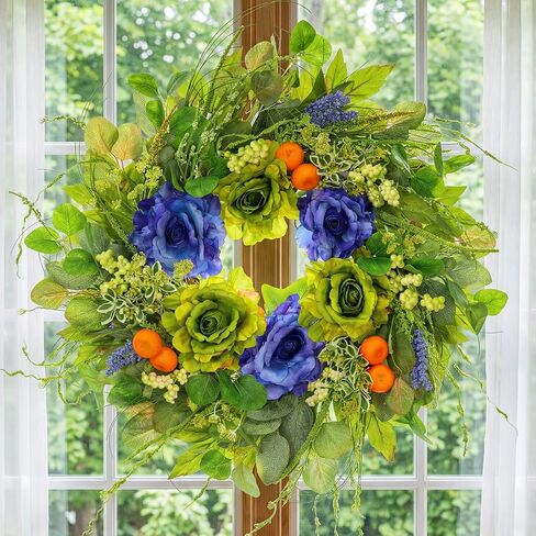 24 Inch Spring Summer Wreath for Front Door - Artificial Blue & Green Rose Wreath with Orange Berries & Eucalyptus, Rustic Farmhouse Indoor Outdoor Seasonal Wreath for Year Round Home Decor in Saudi Arabia