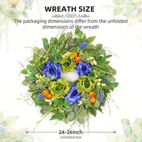 24 Inch Spring Summer Wreath for Front Door - Artificial Blue & Green Rose Wreath with Orange Berries & Eucalyptus, Rustic Farmhouse Indoor Outdoor Seasonal Wreath for Year Round Home Decor in Saudi Arabia