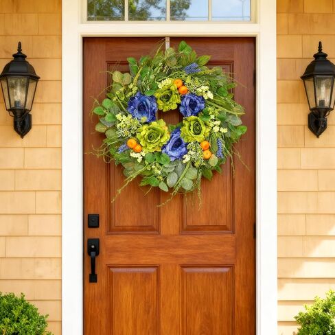 24 Inch Spring Summer Wreath for Front Door - Artificial Blue & Green Rose Wreath with Orange Berries & Eucalyptus, Rustic Farmhouse Indoor Outdoor Seasonal Wreath for Year Round Home Decor in Saudi Arabia