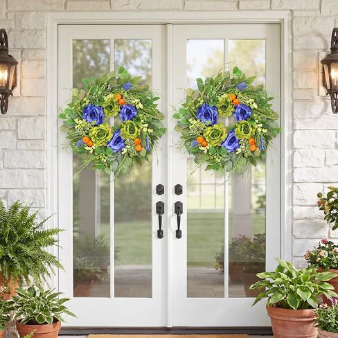24 Inch Spring Summer Wreath for Front Door - Artificial Blue & Green Rose Wreath with Orange Berries & Eucalyptus, Rustic Farmhouse Indoor Outdoor Seasonal Wreath for Year Round Home Decor in Saudi Arabia