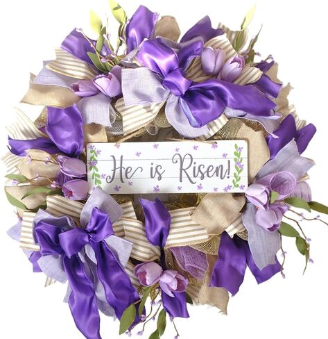 Bibelot 20 Inch Easter Mesh Wreath for Front Door, Artificial Easter Wreath with Bow Tulip, Purple Bow Easter Spring Wreath for Home Wall Window Farmhouse Decor in Saudi Arabia