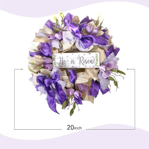 Bibelot 20 Inch Easter Mesh Wreath for Front Door, Artificial Easter Wreath with Bow Tulip, Purple Bow Easter Spring Wreath for Home Wall Window Farmhouse Decor in Saudi Arabia