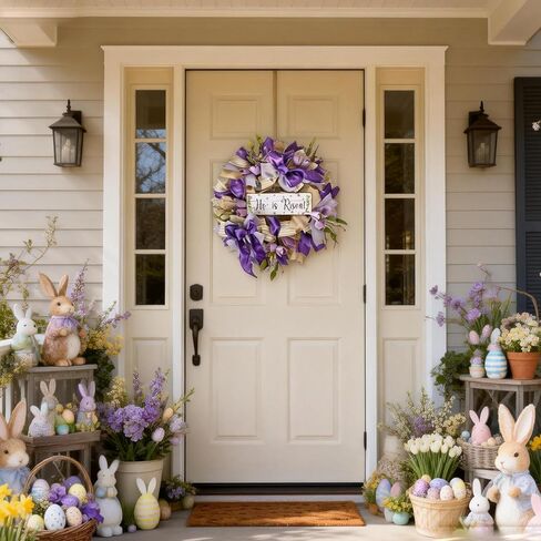 Bibelot 20 Inch Easter Mesh Wreath for Front Door, Artificial Easter Wreath with Bow Tulip, Purple Bow Easter Spring Wreath for Home Wall Window Farmhouse Decor in Saudi Arabia