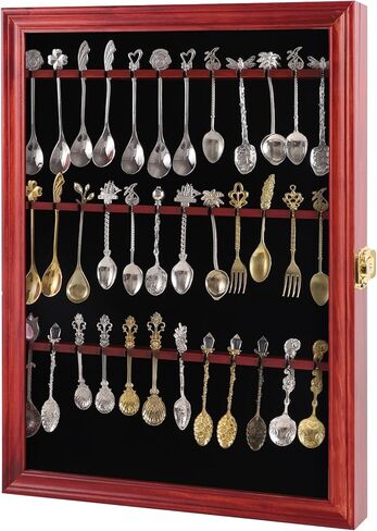 36 علبة عرض تذكارية لملعقة شاي مجموعة رف جداري خشبي مع باب أكريليك بالأشعة فوق البنفسجية بنسبة 98% قابل للقفل (لون حرق النار) (36 ملعقة) in Kuwait