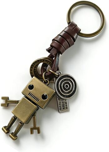 سلسلة مفاتيح قلادة روبوت عتيقة - حلقة مفاتيح مضفرة مصنوعة يدويًا من الجلد الطبيعي مع سحر معدني من سبائك الزنك، هدية على طراز الشرير الفريد من نوعه لعيد الميلاد والذكرى السنوية وحفلات التخرج in Kuwait