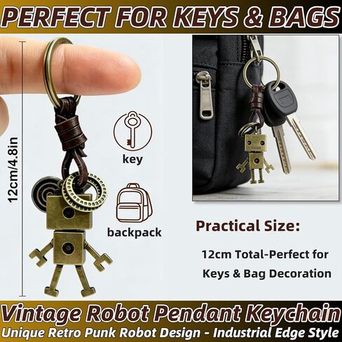 سلسلة مفاتيح قلادة روبوت عتيقة - حلقة مفاتيح مضفرة مصنوعة يدويًا من الجلد الطبيعي مع سحر معدني من سبائك الزنك، هدية على طراز الشرير الفريد من نوعه لعيد الميلاد والذكرى السنوية وحفلات التخرج in Kuwait