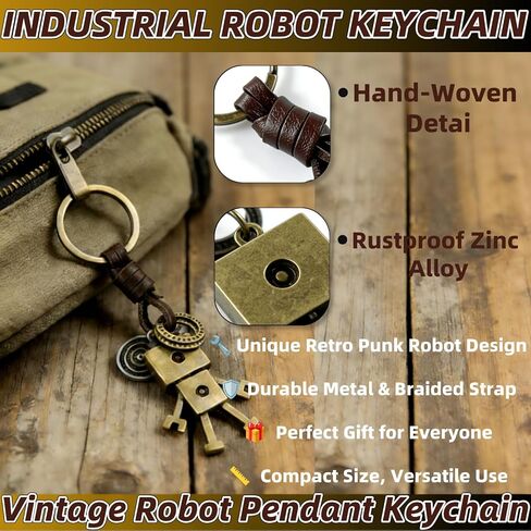 سلسلة مفاتيح قلادة روبوت عتيقة - حلقة مفاتيح مضفرة مصنوعة يدويًا من الجلد الطبيعي مع سحر معدني من سبائك الزنك، هدية على طراز الشرير الفريد من نوعه لعيد الميلاد والذكرى السنوية وحفلات التخرج in Kuwait