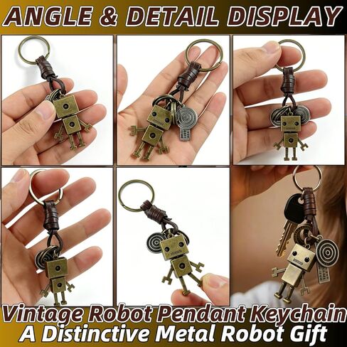 سلسلة مفاتيح قلادة روبوت عتيقة - حلقة مفاتيح مضفرة مصنوعة يدويًا من الجلد الطبيعي مع سحر معدني من سبائك الزنك، هدية على طراز الشرير الفريد من نوعه لعيد الميلاد والذكرى السنوية وحفلات التخرج in Kuwait
