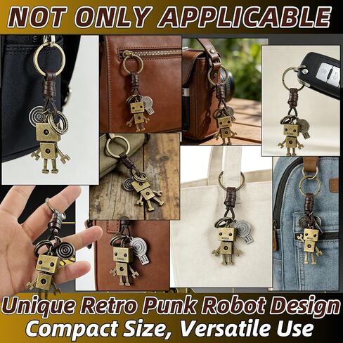 سلسلة مفاتيح قلادة روبوت عتيقة - حلقة مفاتيح مضفرة مصنوعة يدويًا من الجلد الطبيعي مع سحر معدني من سبائك الزنك، هدية على طراز الشرير الفريد من نوعه لعيد الميلاد والذكرى السنوية وحفلات التخرج in Kuwait