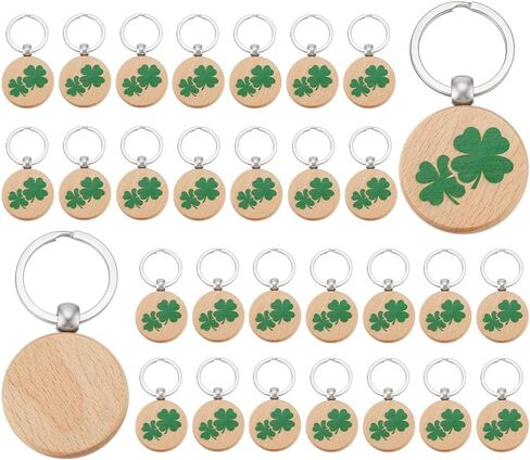 PH PandaHall 36 Pack Wooden Clover Lucky Charm Key Ring Natural Hardwood Keychain Blanks with 1.5 inch Flat Round Clover Pendant for Bag Charms Purse Charms Christmas Gifts St Patricks Day Decorations in Saudi Arabia