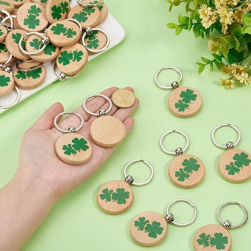 PH PandaHall 36 Pack Wooden Clover Lucky Charm Key Ring Natural Hardwood Keychain Blanks with 1.5 inch Flat Round Clover Pendant for Bag Charms Purse Charms Christmas Gifts St Patricks Day Decorations in Saudi Arabia