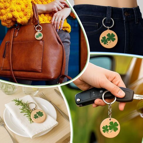 PH PandaHall 36 Pack Wooden Clover Lucky Charm Key Ring Natural Hardwood Keychain Blanks with 1.5 inch Flat Round Clover Pendant for Bag Charms Purse Charms Christmas Gifts St Patricks Day Decorations in Saudi Arabia