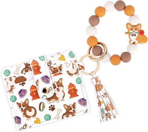 Wristlet Wallet Keychain,Beaded Silicone Bracelet PU Leather Card Holder Tassel Key Ring Bangle for Women Girls in Saudi Arabia