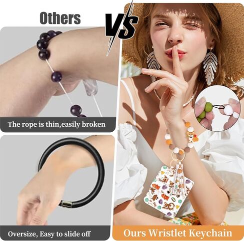 Wristlet Wallet Keychain,Beaded Silicone Bracelet PU Leather Card Holder Tassel Key Ring Bangle for Women Girls in Saudi Arabia