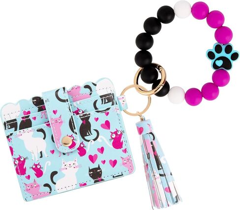 Wristlet Wallet Keychain,Beaded Silicone Bracelet PU Leather Card Holder Tassel Key Ring Bangle for Women Girls in Saudi Arabia