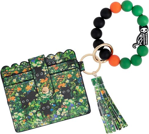 Wristlet Wallet Keychain,Beaded Silicone Bracelet PU Leather Card Holder Tassel Key Ring Bangle for Women Girls in Saudi Arabia