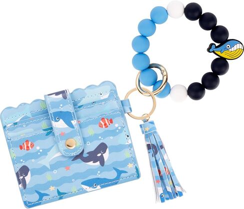 Wristlet Wallet Keychain,Beaded Silicone Bracelet PU Leather Card Holder Tassel Key Ring Bangle for Women Girls in Saudi Arabia