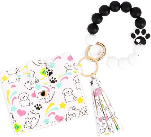 Wristlet Wallet Keychain,Beaded Silicone Bracelet PU Leather Card Holder Tassel Key Ring Bangle for Women Girls in Saudi Arabia