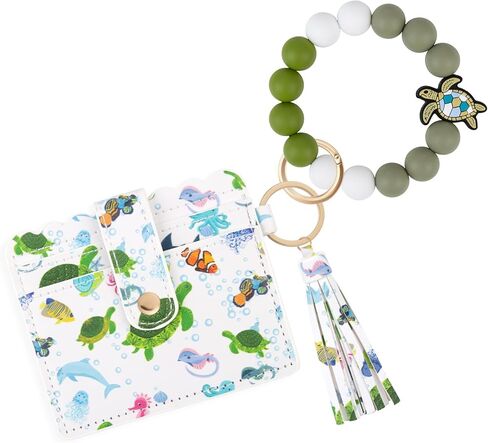 Wristlet Wallet Keychain,Beaded Silicone Bracelet PU Leather Card Holder Tassel Key Ring Bangle for Women Girls in Saudi Arabia