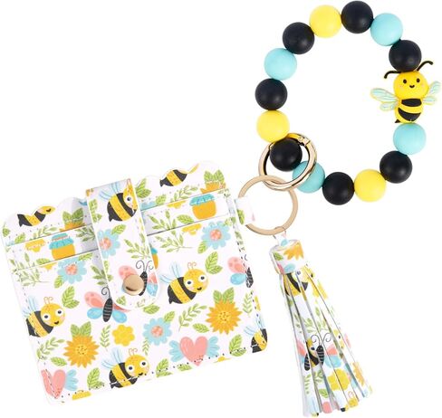 Wristlet Wallet Keychain,Beaded Silicone Bracelet PU Leather Card Holder Tassel Key Ring Bangle for Women Girls in Saudi Arabia
