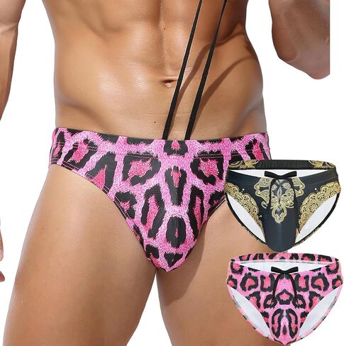 Mens Swim Thong Bikini Briefs with Pouch Sexy Printed Quick Dry Swimsuit with Drawstring Low Rise Bathing Suit Swimwear in Kuwait
