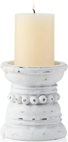 Wooden Candle Holder with Metal Cup - Rustic 4 Inch Pillar Candles Pedestal Stand for Tabletop, Fireplace, Decorative Beaded Candlestick Holders for Farmhouse Vintage Home Decor - Black in Saudi Arabia