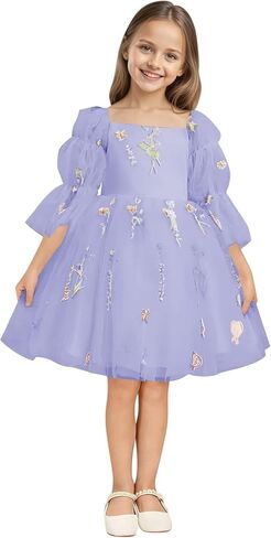 فستان فتاة الزهور المطرز بالزهور بأكمام منتفخة لحفلات أعياد الميلاد للفتيات من التل على شكل حرف a فساتين قصيرة لضيوف الزفاف in Kuwait