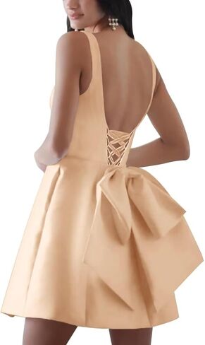 Short Homecoming Dresses for Teens Square Neck A Line Satin Cocktail Gowns with Bow Back in Kuwait