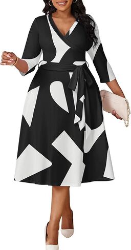 CLOCOR Plus Size Dresses, Womens Casual Church 3/4 Sleeve V Neck Cocktail Wrap Midi Dress with Pockets & Belt in Saudi Arabia