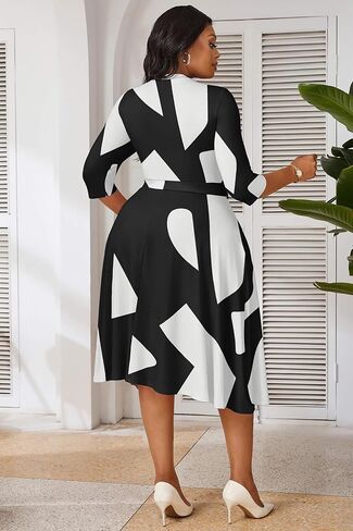 CLOCOR Plus Size Dresses, Womens Casual Church 3/4 Sleeve V Neck Cocktail Wrap Midi Dress with Pockets & Belt in Saudi Arabia