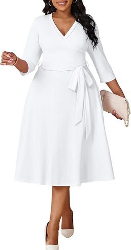 CLOCOR Plus Size Dresses, Womens Casual Church 3/4 Sleeve V Neck Cocktail Wrap Midi Dress with Pockets & Belt in Saudi Arabia