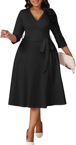 CLOCOR Plus Size Dresses, Womens Casual Church 3/4 Sleeve V Neck Cocktail Wrap Midi Dress with Pockets & Belt in Saudi Arabia