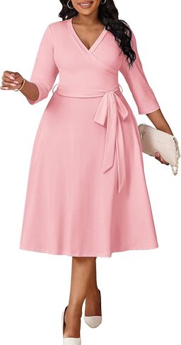 CLOCOR Plus Size Dresses, Womens Casual Church 3/4 Sleeve V Neck Cocktail Wrap Midi Dress with Pockets & Belt in Saudi Arabia