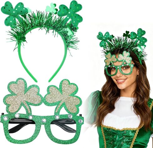 St. Patrick‘s Day Decorations, 2 Pack Glitter Shamrock Headband & No Lens Eyeglasses Set for Saint Patrick’s Day Party Favors, Women Men Adults Festival Accessories in Saudi Arabia