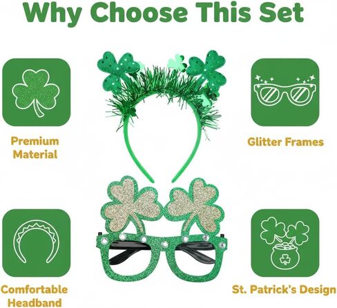 St. Patrick‘s Day Decorations, 2 Pack Glitter Shamrock Headband & No Lens Eyeglasses Set for Saint Patrick’s Day Party Favors, Women Men Adults Festival Accessories in Saudi Arabia