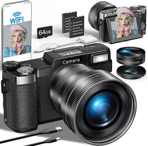 FLATIC Digital Camera with WiFi, 5K 64MP Cameras for Photography with 180° Flip Screen, 18X Zoom Vlogging Camera with 64GB Card, Wide & Macro Lens, 2 Batteries, Card Reader, Digital Zoom-Pink in Saudi Arabia