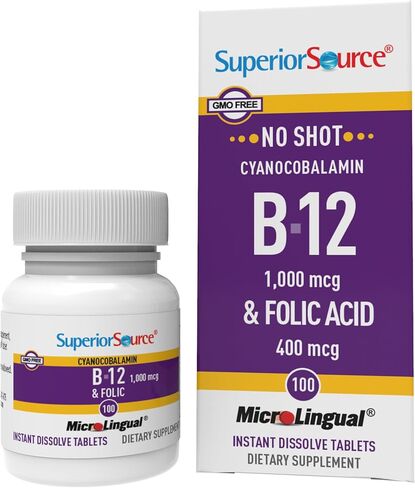 مصدر فائق بدون جرعة فيتامين ب12 سيانوكوبالامين (1000 ميكروجرام)، حمض الفوليك (400 ميكروجرام)، أقراص ميكرولينغوال سريعة الذوبان، 100 قيراط، زيادة الطاقة، تعزيز عملية التمثيل الغذائي، دعم القلب والإجهاد، غير معدل وراثيًا in Kuwait