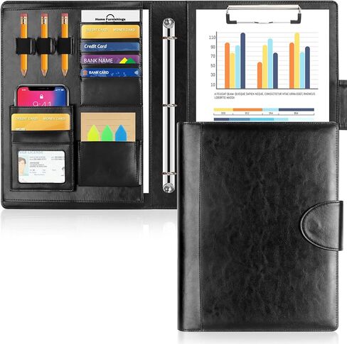 Toplive Portfolio 3 Ring Binder, Business PU Leather Padfolio Organizer Case, Executive Portfolio Folder for Interview Resume Conference 12.8" x 9.5", Black in Saudi Arabia