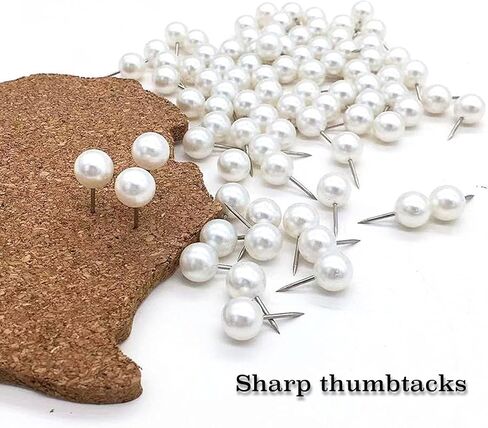100 قطعة من دبابيس الدفع، مسامير إبهام بيضاء لؤلؤية - مثالية للوحات الإعلانات، ولوحات الفلين، وتزيين الجدران، والخرائط، والتقويمات، والصور - المنزل والمكتب in Kuwait